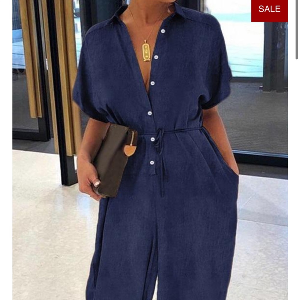 Button front belted denim jumpsuit